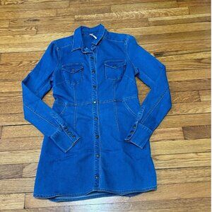 Free People Womens Dynomite Denim Snap Front Mini Dress Size Small Blue Stretch